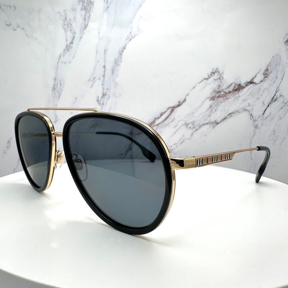 New Burberry Sunglasses Polarized Gold Black Check Arms Aviator Pilot Metal - Picture 13 of 16
